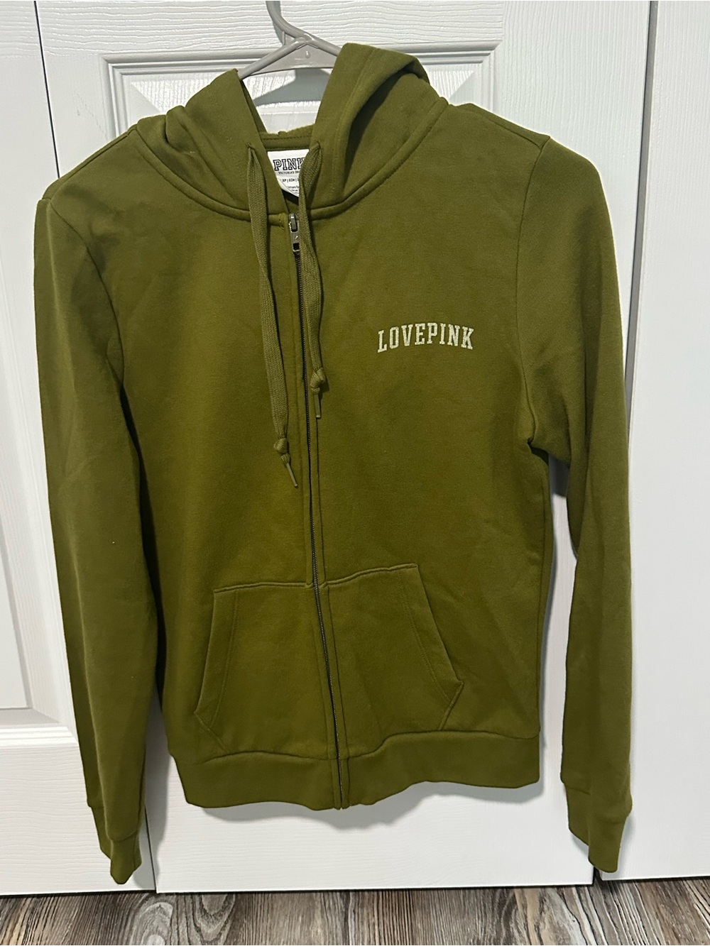 PINK Victoria's Secret Olive Green 'LOVEPINK' Zip-Up Hoodie